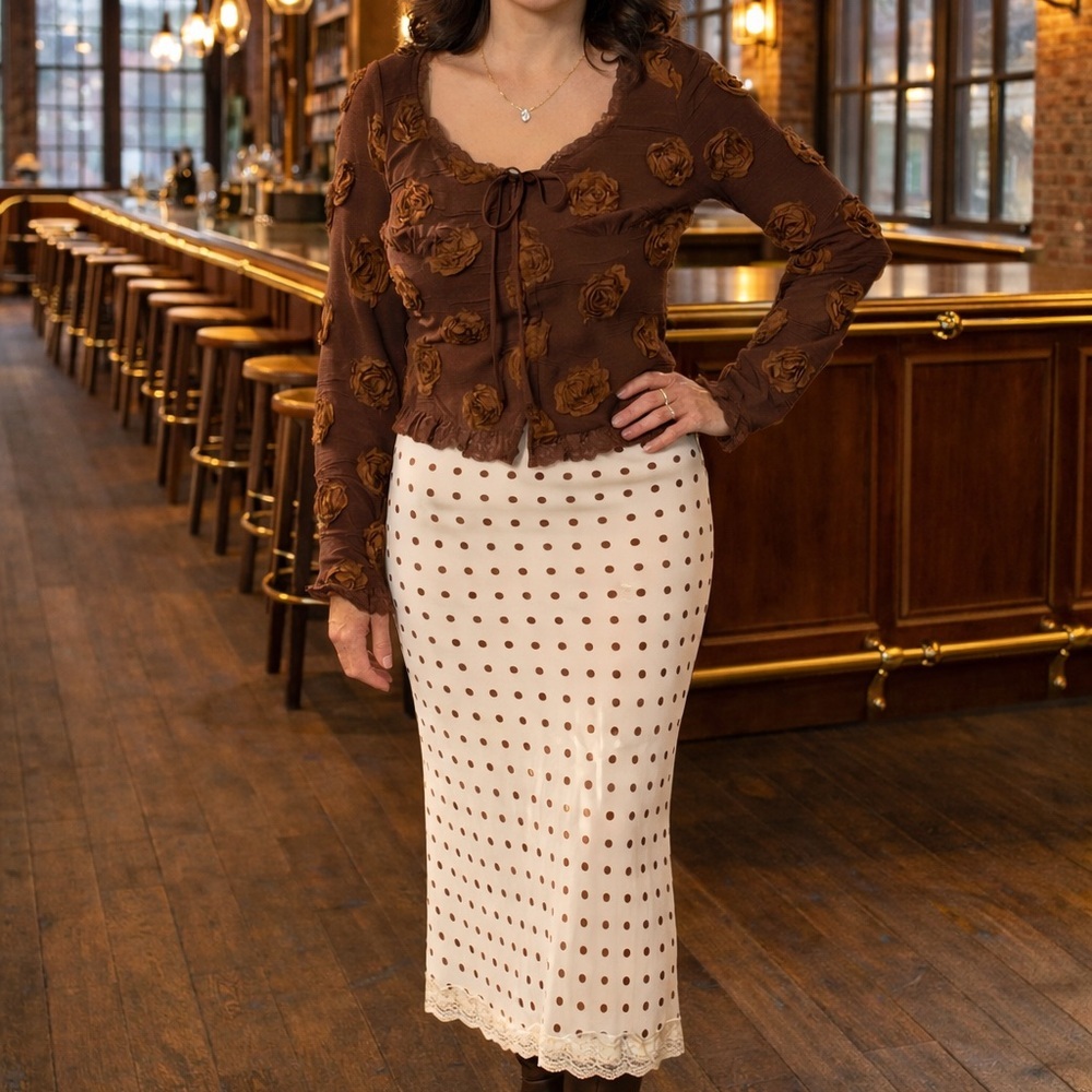 Bailey Rose Cream Polka Dot Midi Skirt Size Medium NWT